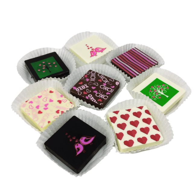 Dark, milk and white chocolate squares with assorted Valentine's Day designs